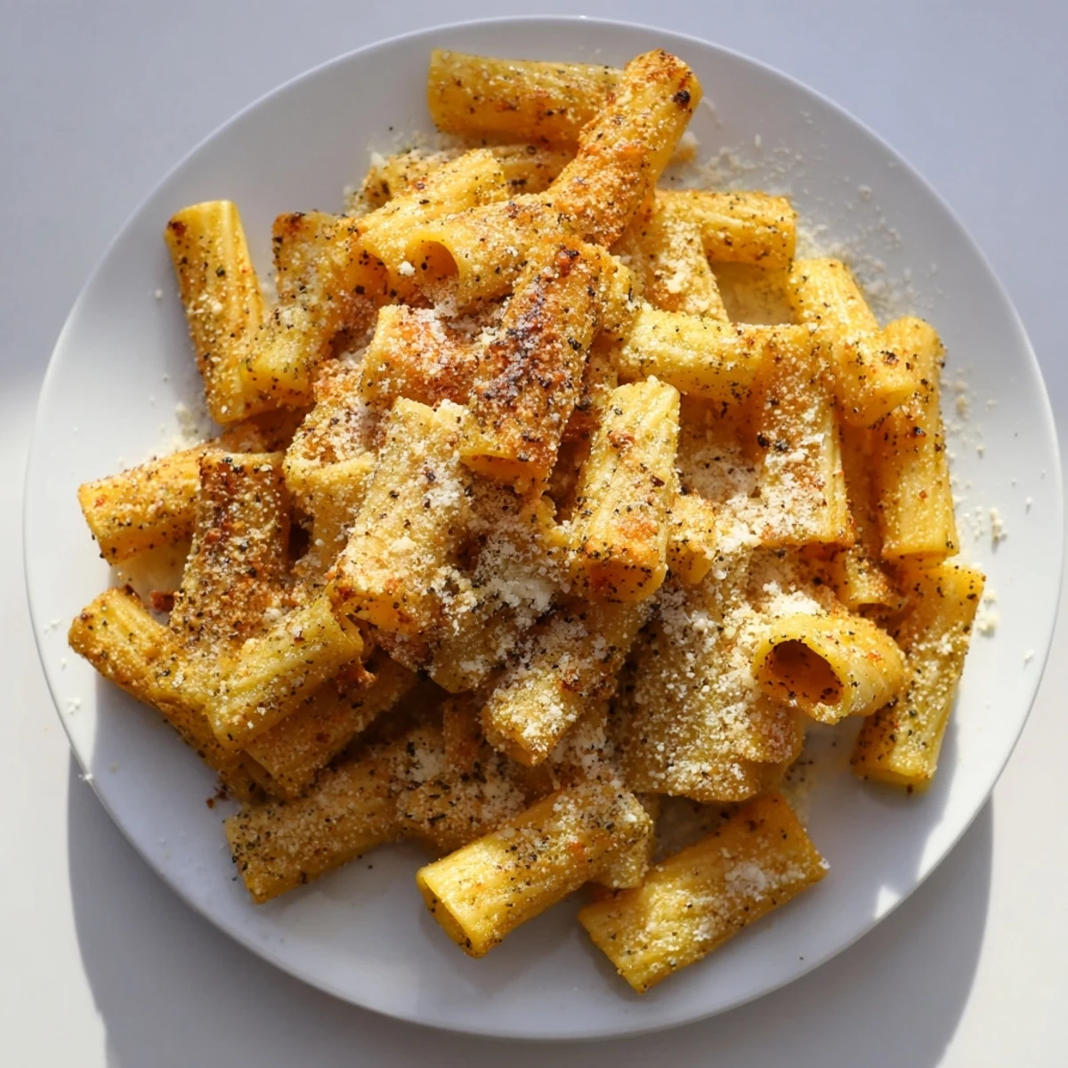 Golden air-fried pasta chips, crispy and seasoned, perfect for an Italian-American snack.