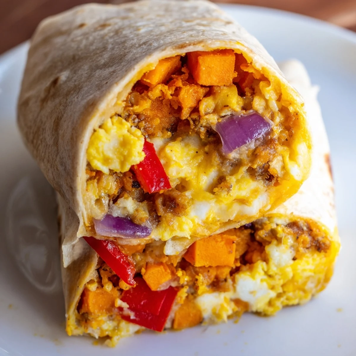 Golden-brown roasted sweet potato breakfast burritos, fully loaded with fluffy eggs and melted cheese.