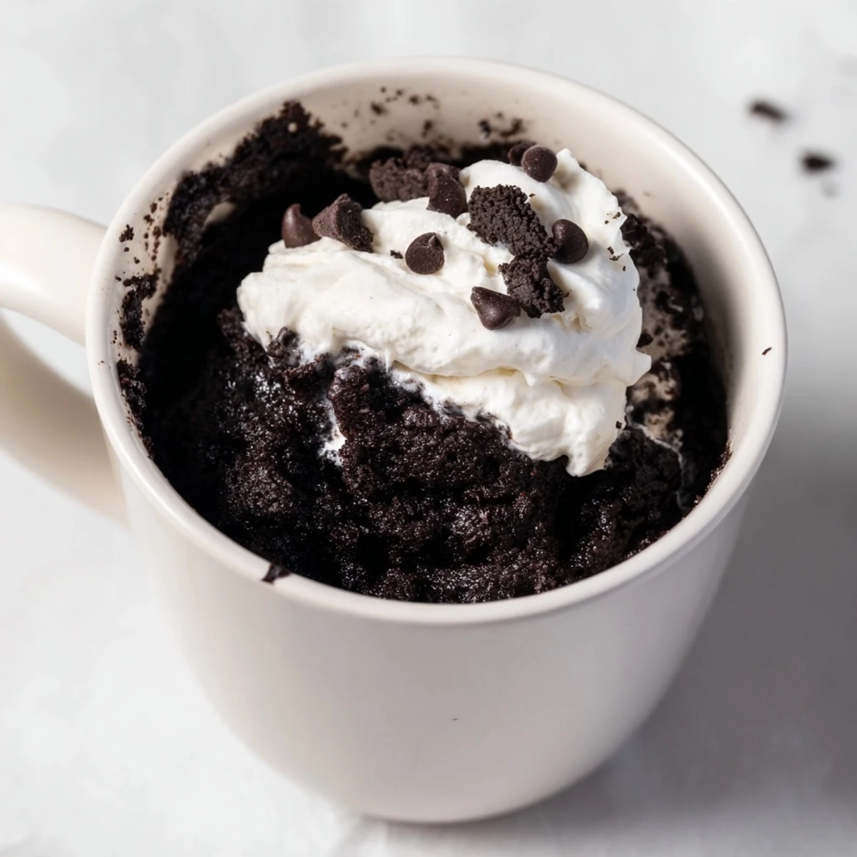 Steaming hot Oreo mug cake, a delightful single-serving dessert, ready to enjoy.