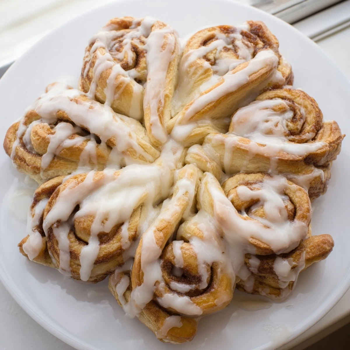 Golden-baked Cinnamon Roll Pull-Apart Snowflake, offering the warmth of cinnamon and vanilla icing drizzled over each bite.