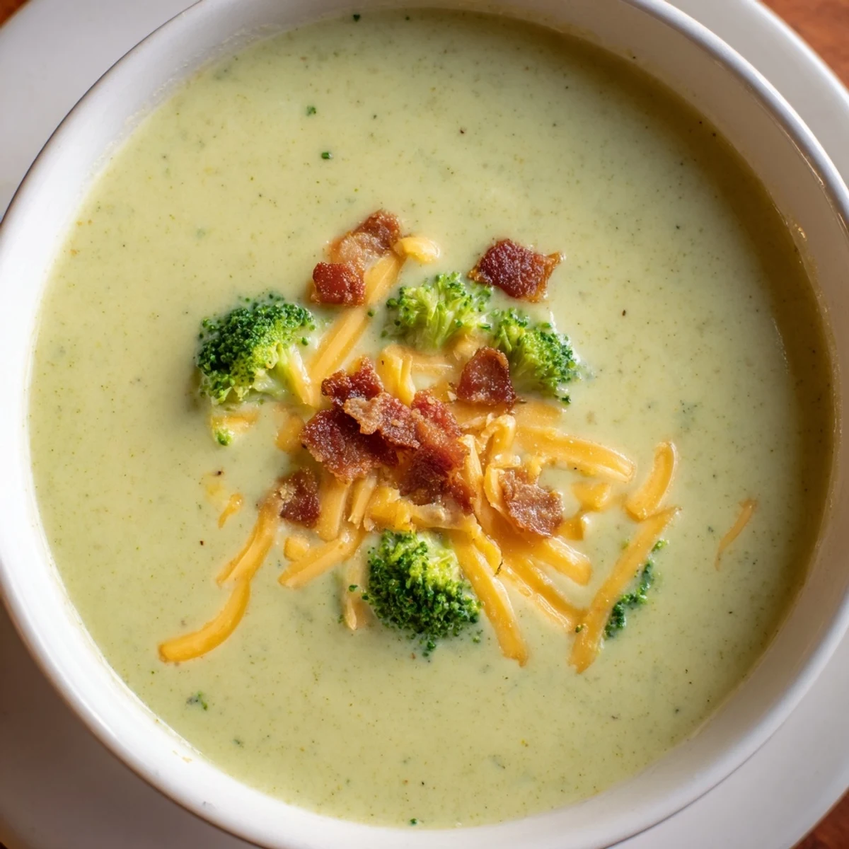 Creamy Broccoli Cheddar Soup, garnished with crispy bacon and extra cheese, ready to be served.