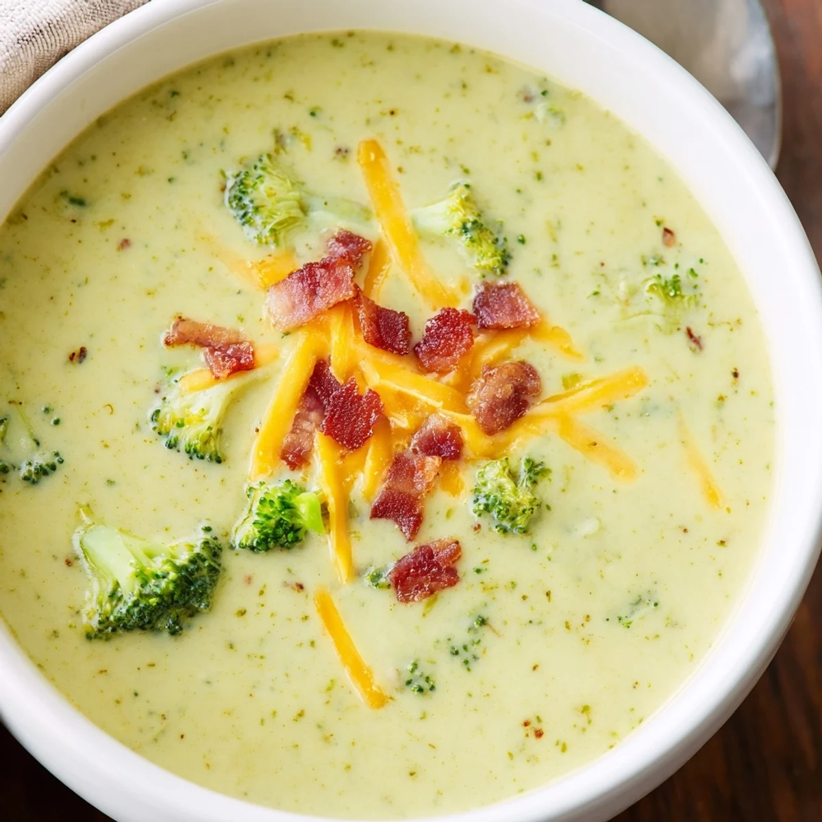 A steaming bowl of Broccoli Cheddar Soup, paired with golden toasted buttered bread for dipping.
