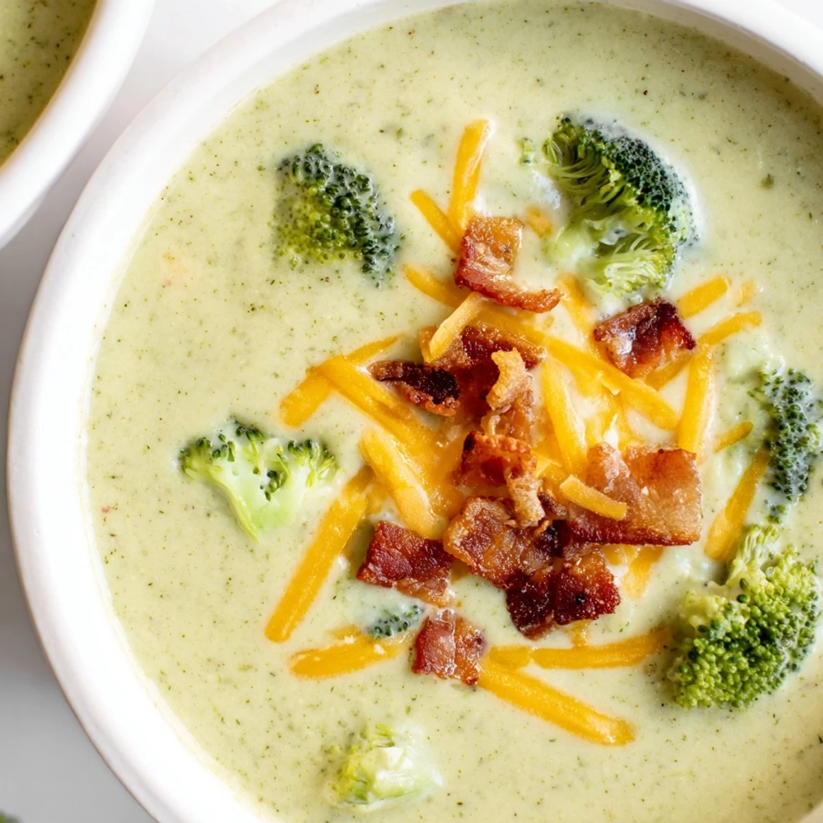 Rich Broccoli Cheddar Soup featuring tender broccoli florets and sharp cheddar cheese, ready to enjoy.