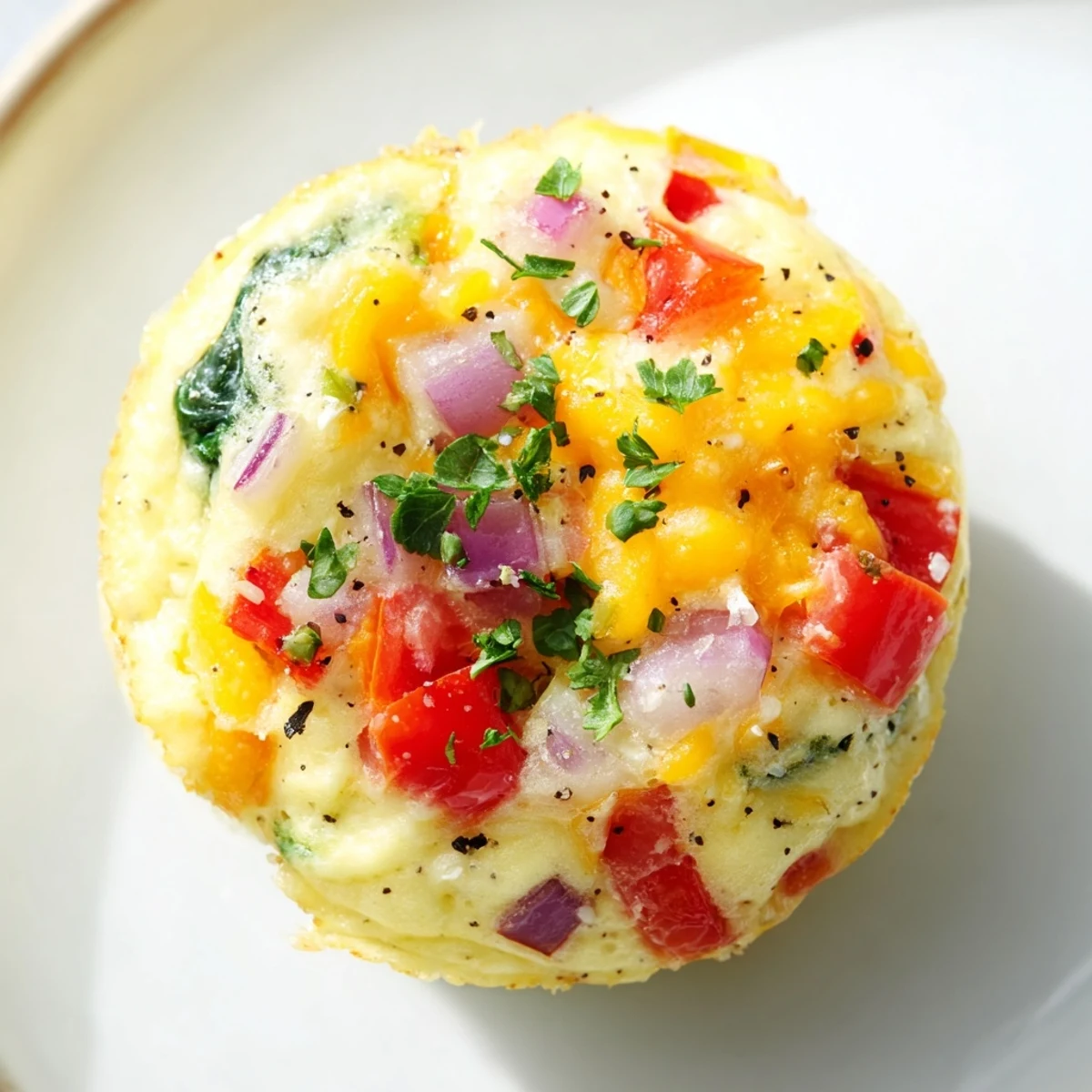 Fluffy Customizable Egg Muffins, golden brown with melted cheese and colorful vegetables, ready to eat.