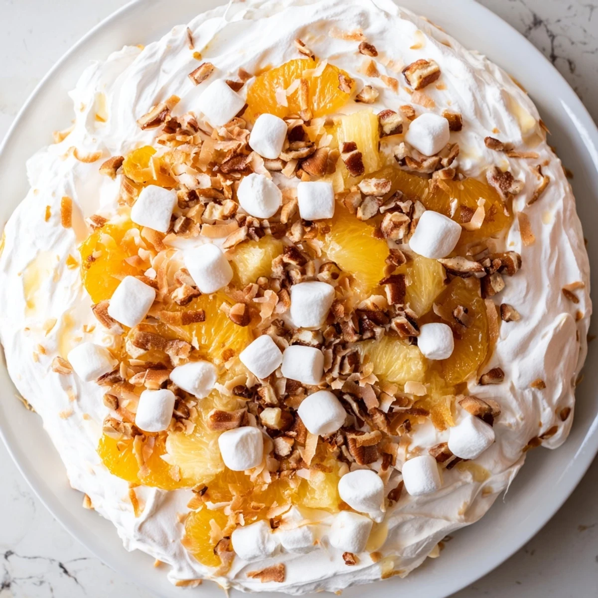 Fluffy Elevated Ambrosia Salad, showcasing mandarin oranges, pecans, & bourbon-infused whipped cream for dessert.