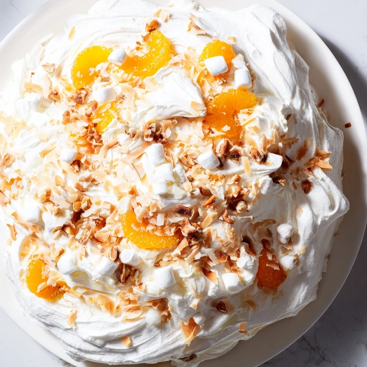 Easy-to-make Elevated Ambrosia Salad, chilled and ready to serve, with toasted pecans and marshmallows.