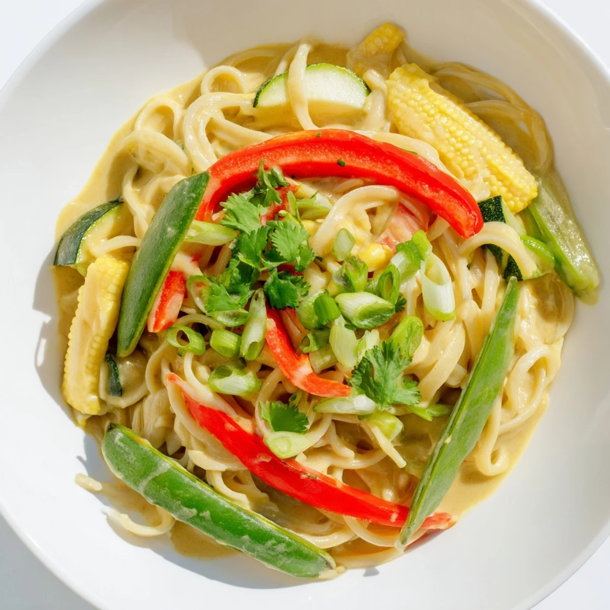 Steaming bowl of Thai Curry Pasta topped with fresh cilantro, a delicious and flavorful vegetarian meal.