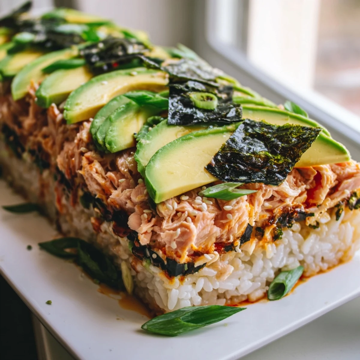 A close-up of a delightful sushi bake casserole with vibrant toppings; ready to serve.