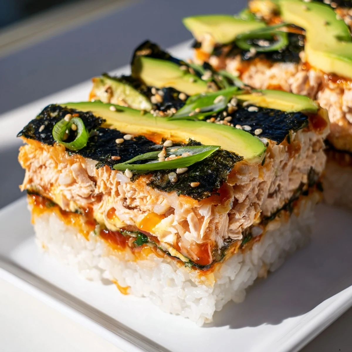 Warm, bubbly sushi bake casserole with flaked salmon, creamy avocado, and crispy nori.
