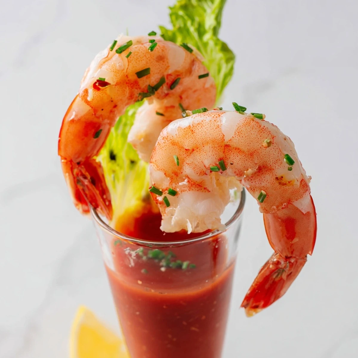 Retro prawn cocktail shooters, succulent shrimp swimming in zesty sauce, ready to serve as a party appetizer.