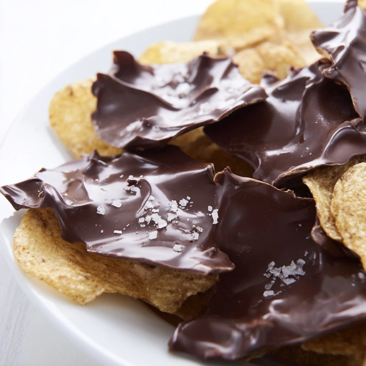Close-up view of chocolate potato chip bark with sea salt flakes, a decadent sweet treat.