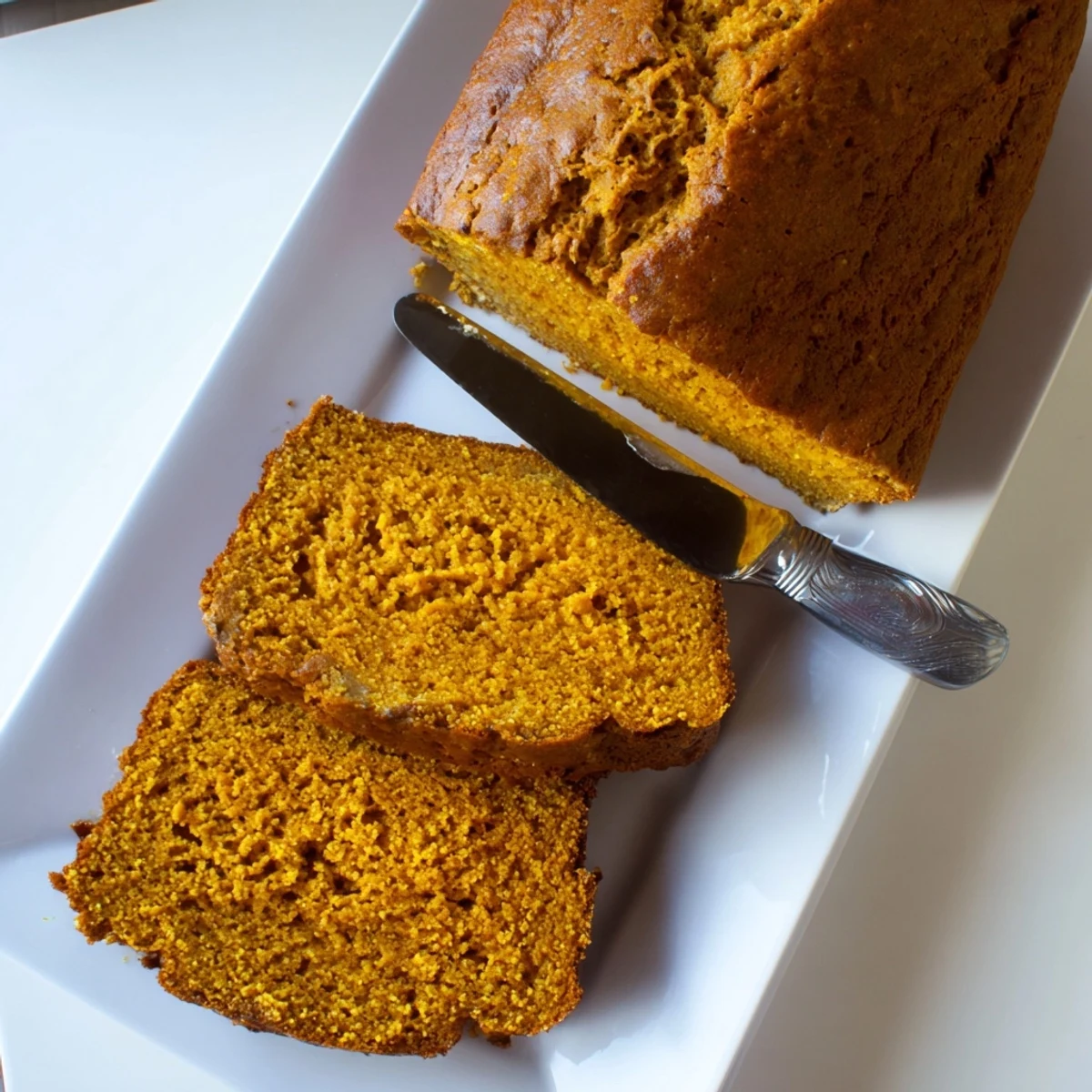 A freshly baked pumpkin bread loaf with a golden-brown crust and warm cinnamon aroma filling the kitchen.  