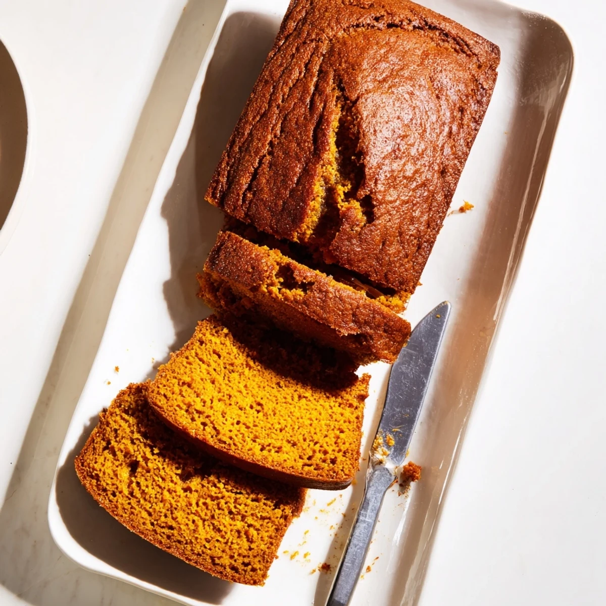 Moist pumpkin bread loaf sliced to reveal tender crumb and optional pecans, ready for breakfast or snack time.  
