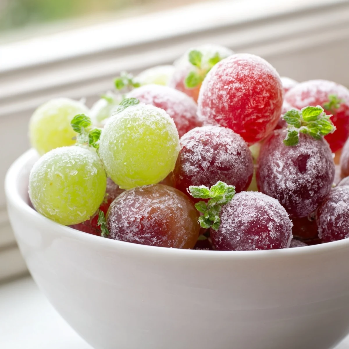 Homemade Frozen Grapes Spa Treat garnished with mint and lemon zest on a chilled marble tray.