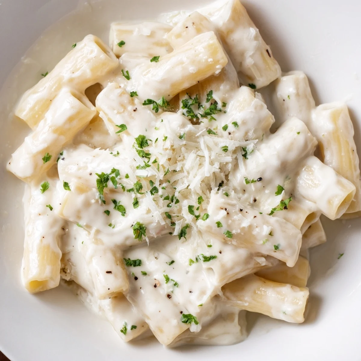 Creamy Milk Pasta One-Pot served family-style with garlic bread and a crisp white wine on a rustic wooden table.