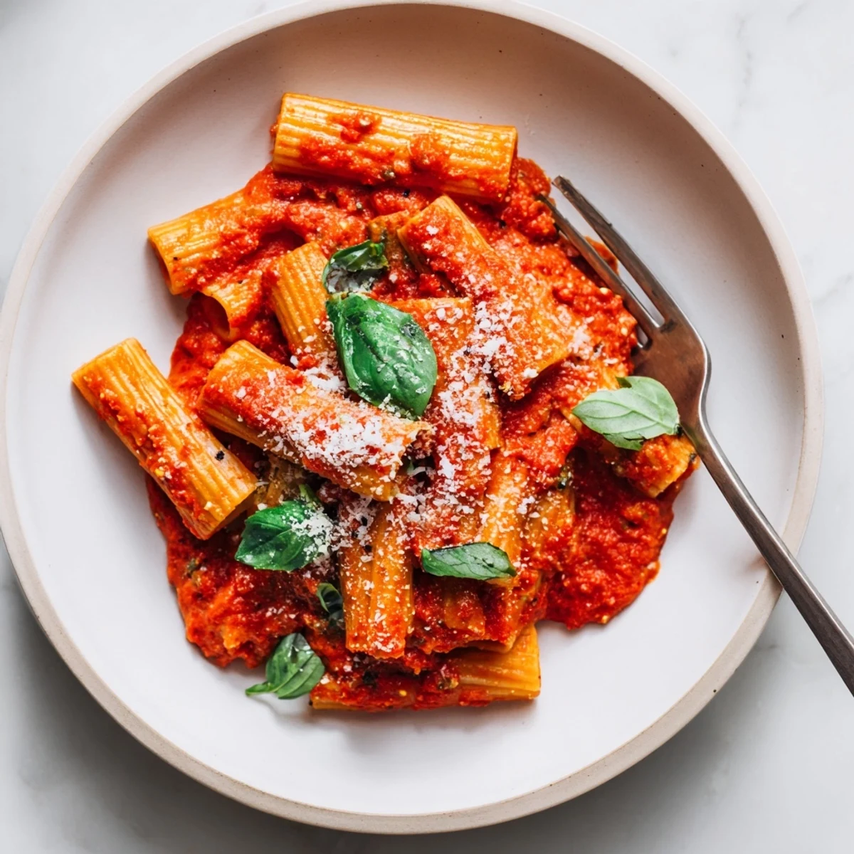 Homemade Hidden Veggie Tomato Pasta Sauce pureed smooth, garnished with Parmesan, paired with a fork twirling a hearty pasta portion.