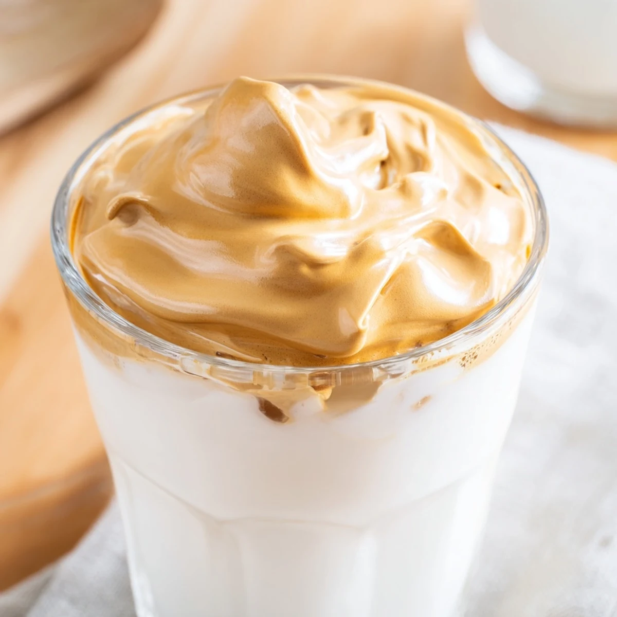 Creamy whipped Dalgona coffee floats like a golden cloud over iced milk in a clear glass for a café-style treat.