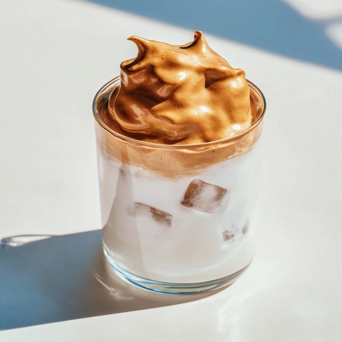 Two glasses of whipped Dalgona coffee with a dollop of fluffy foam, ready to stir into cold milk for a creamy sip.