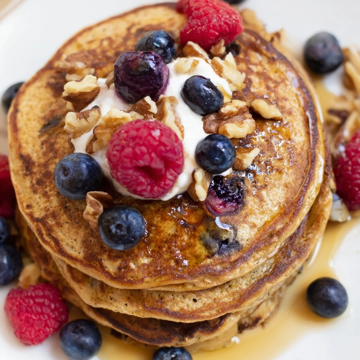 Soft, fluffy Brown Banana Pancakes served on a plate, ready for a delicious dairy-free breakfast.