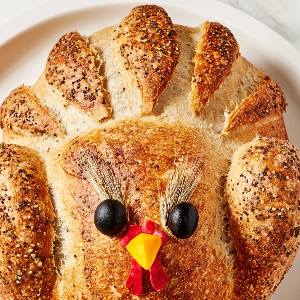 Vegan turkey-shaped sourdough bread with seed accents, showcasing a crunchy crust and soft, tangy interior.