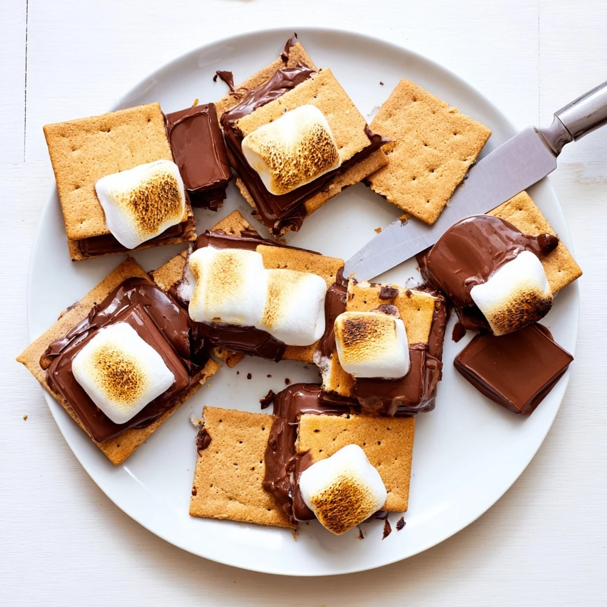 Stack of four homemade air fryer s'mores ready to serve, with a cup of milk and extra marshmallows nearby.