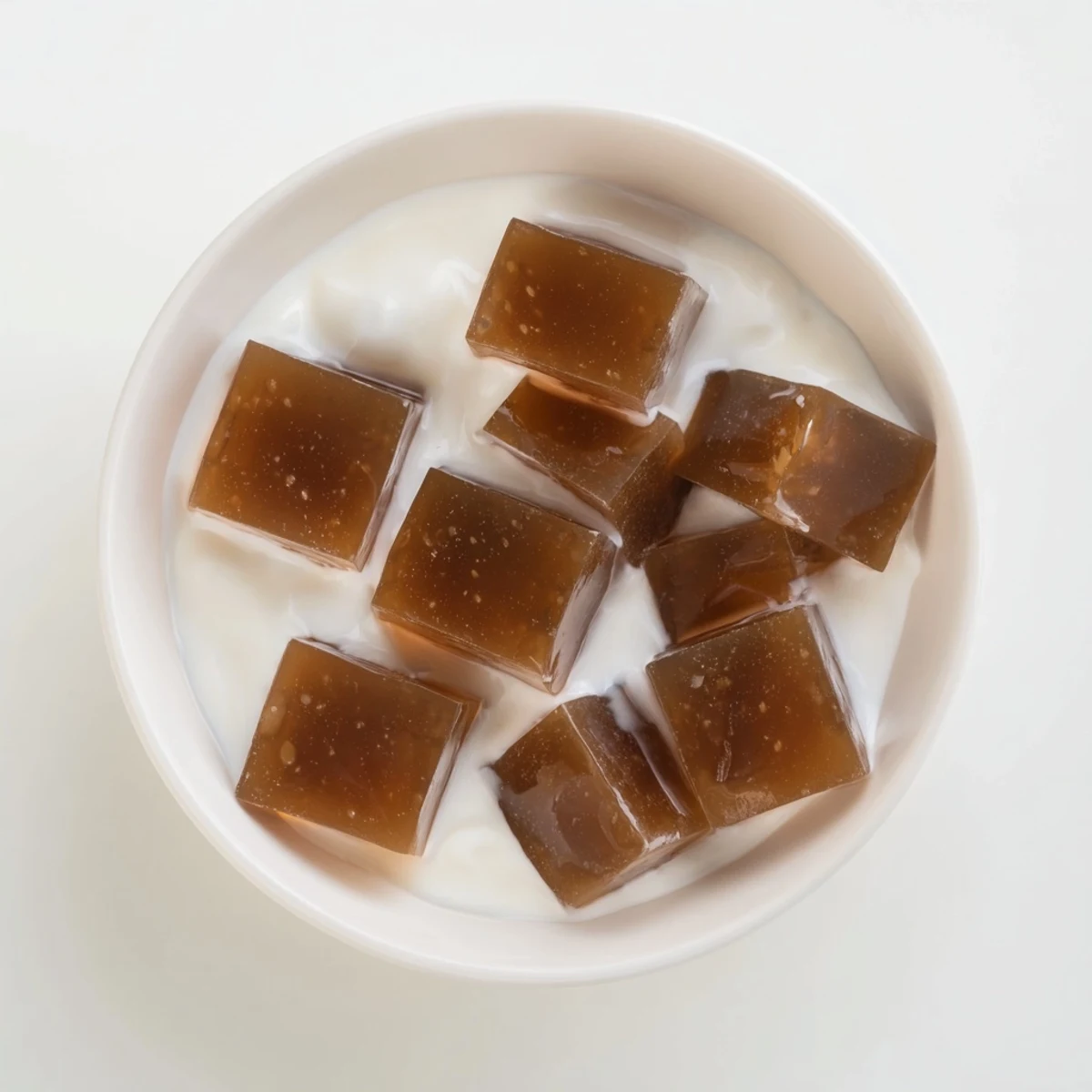 Homemade Japanese-style Coffee Jelly Dessert cut into neat cubes, ready to be spooned into a serving bowl with rich, cold sweet cream.