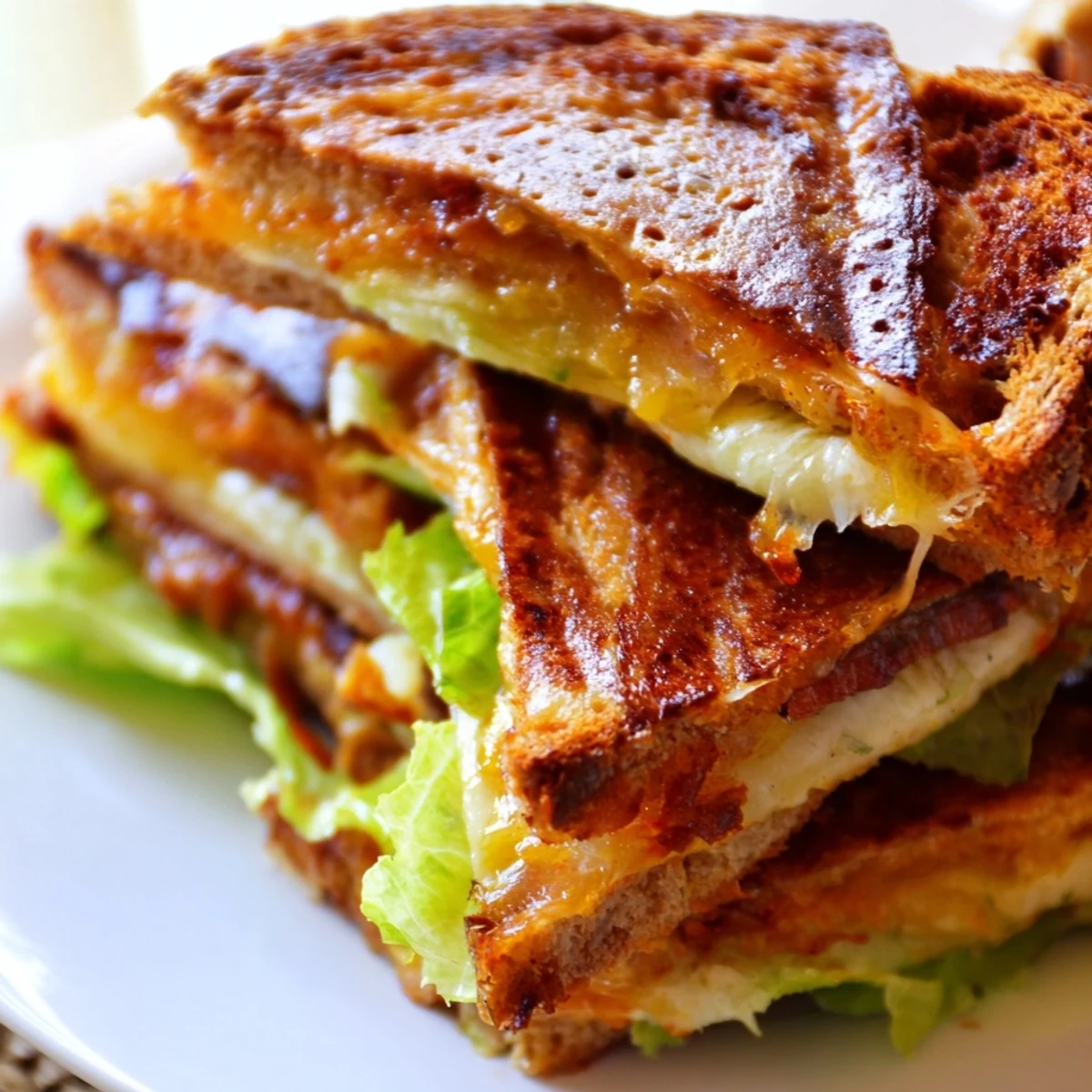 Golden-brown grilled Vegan Bacon BLT with melted vegan cheese, smoky tempeh bacon, fresh lettuce, and tomato slices on sourdough.