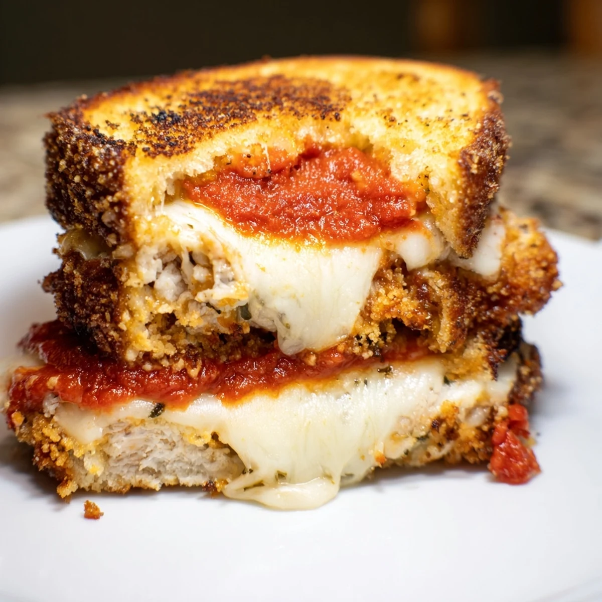 Golden-brown Chicken Parm Grilled Cheese sandwiches stacked high with melted mozzarella and vibrant marinara on a rustic wooden board.  