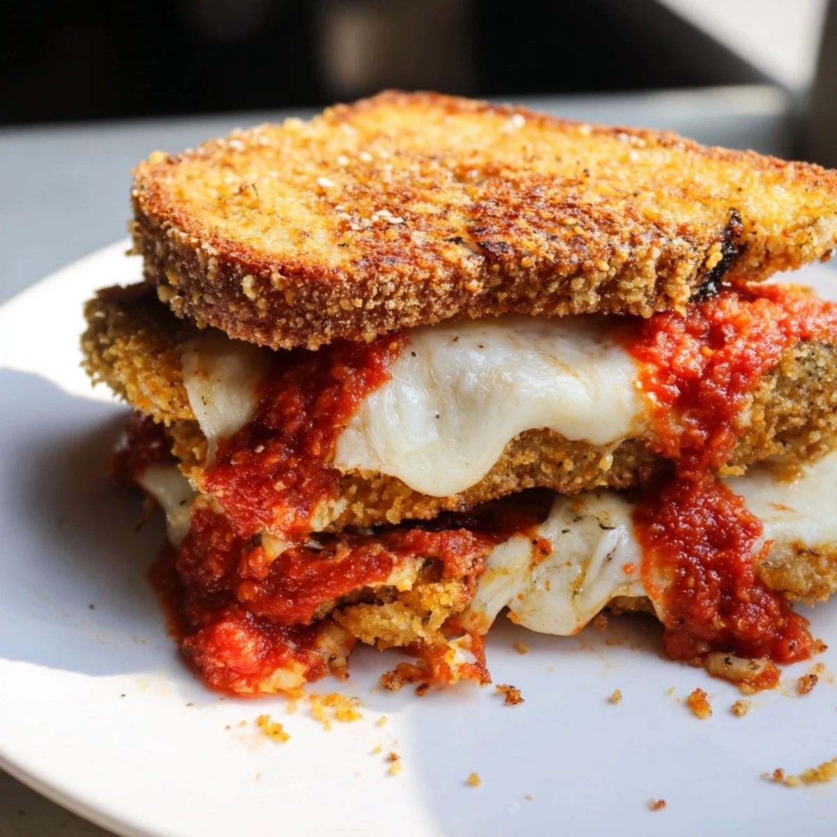 A close-up of a Chicken Parm Grilled Cheese, showcasing golden bread, melted mozzarella, and saucy marinara for a comforting meal.