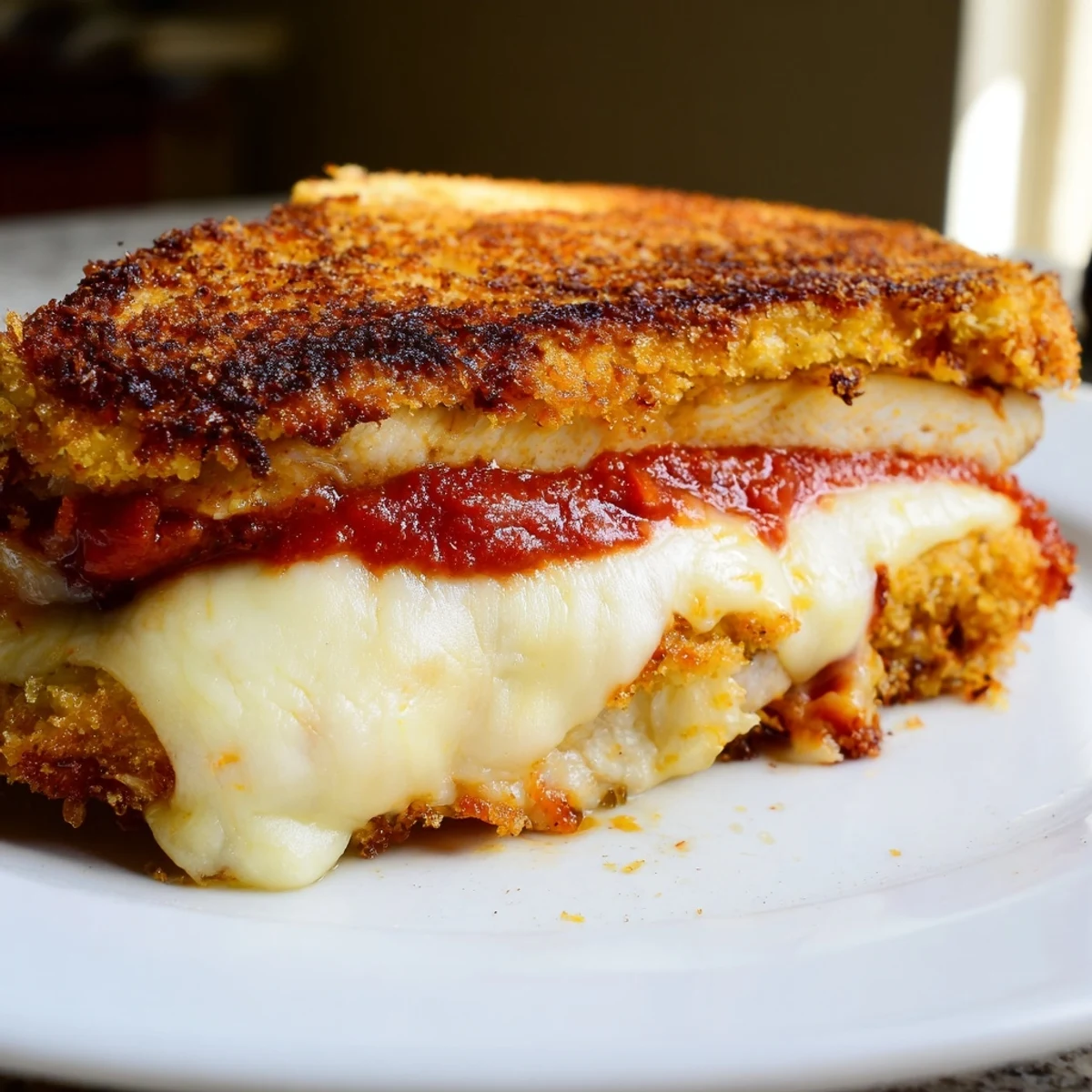 Fresh basil leaves garnish the crispy chicken and zesty marinara oozing from a toasted, garlicky grilled cheese sandwich.  
