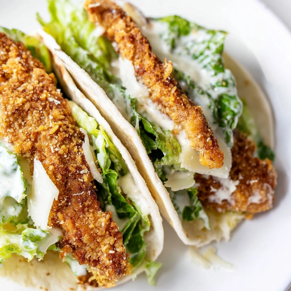 Plated Crispy Chicken Caesar Wraps with lemon wedges on the side, perfect for a quick and flavorful American family meal.