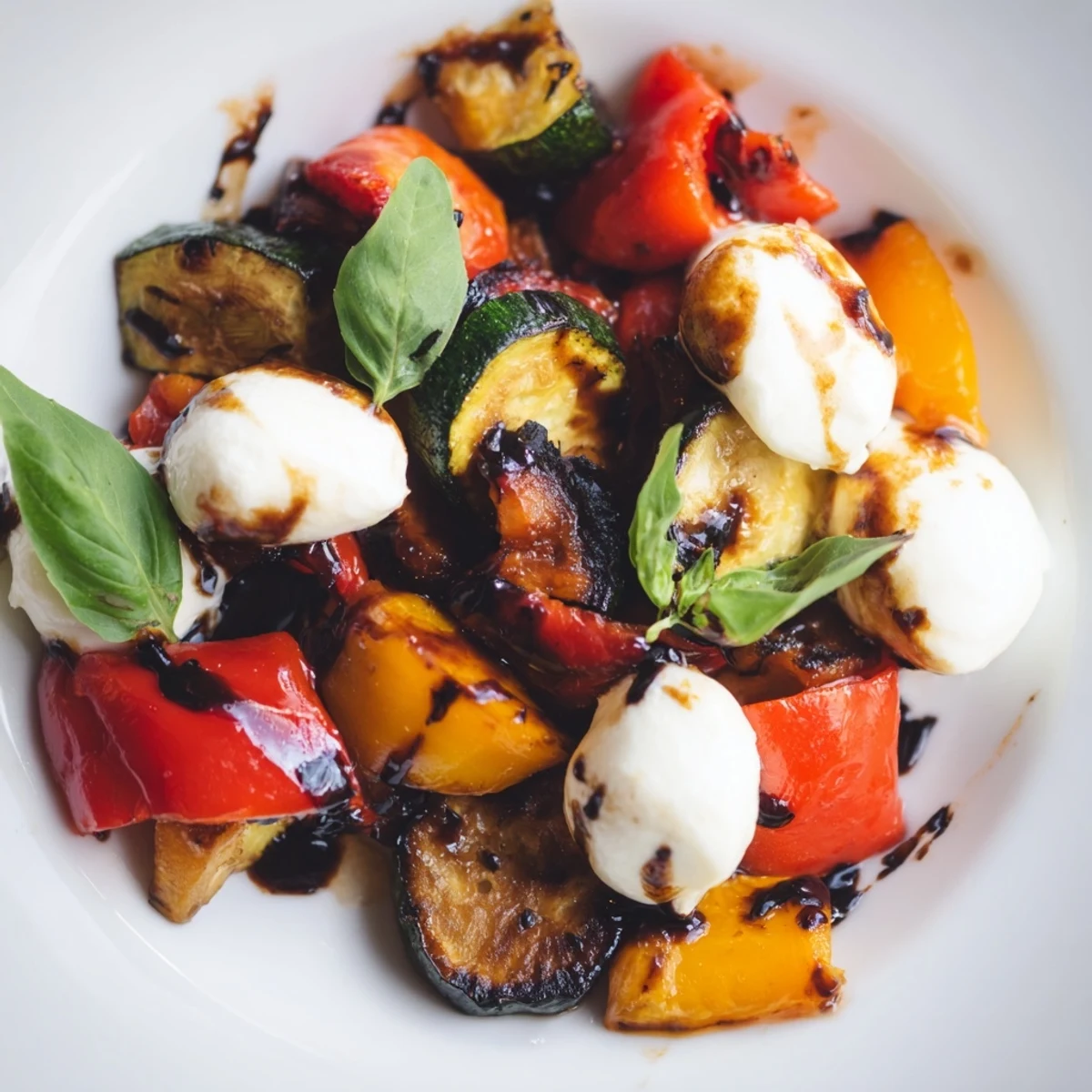 A close-up of Roasted Veggie Caprese Salad with caramelized zucchini, bell peppers, and cherry tomatoes topped with mozzarella pearls and fresh basil.  
