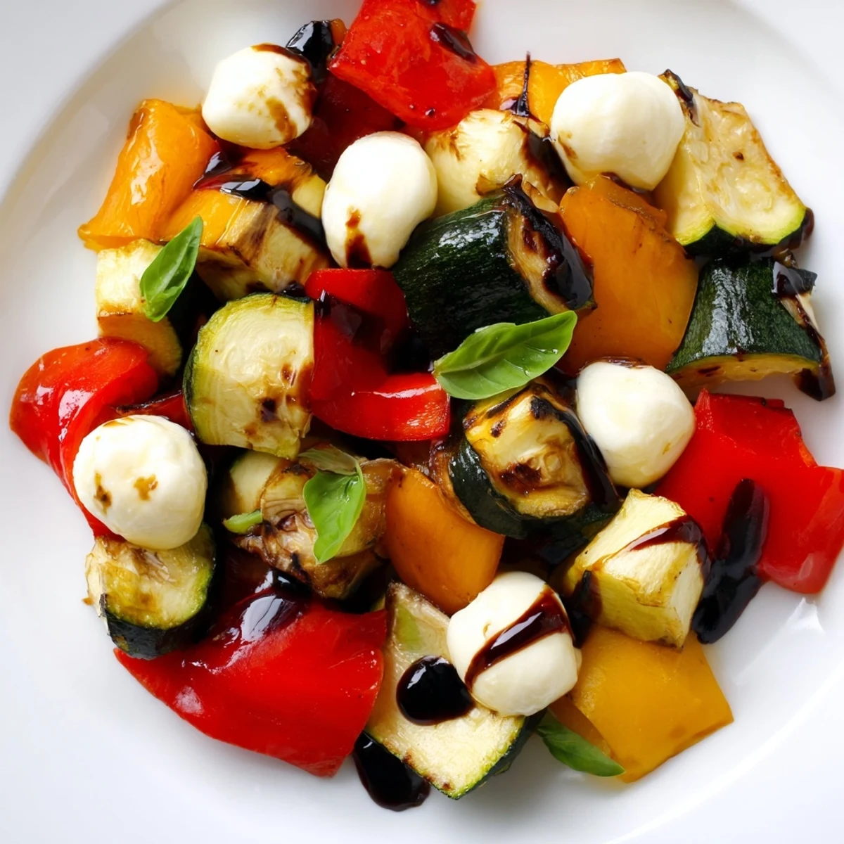 Colorful platter of Roasted Veggie Caprese Salad featuring tender roasted veggies, fresh basil leaves, and a sweet-tangy balsamic drizzle.