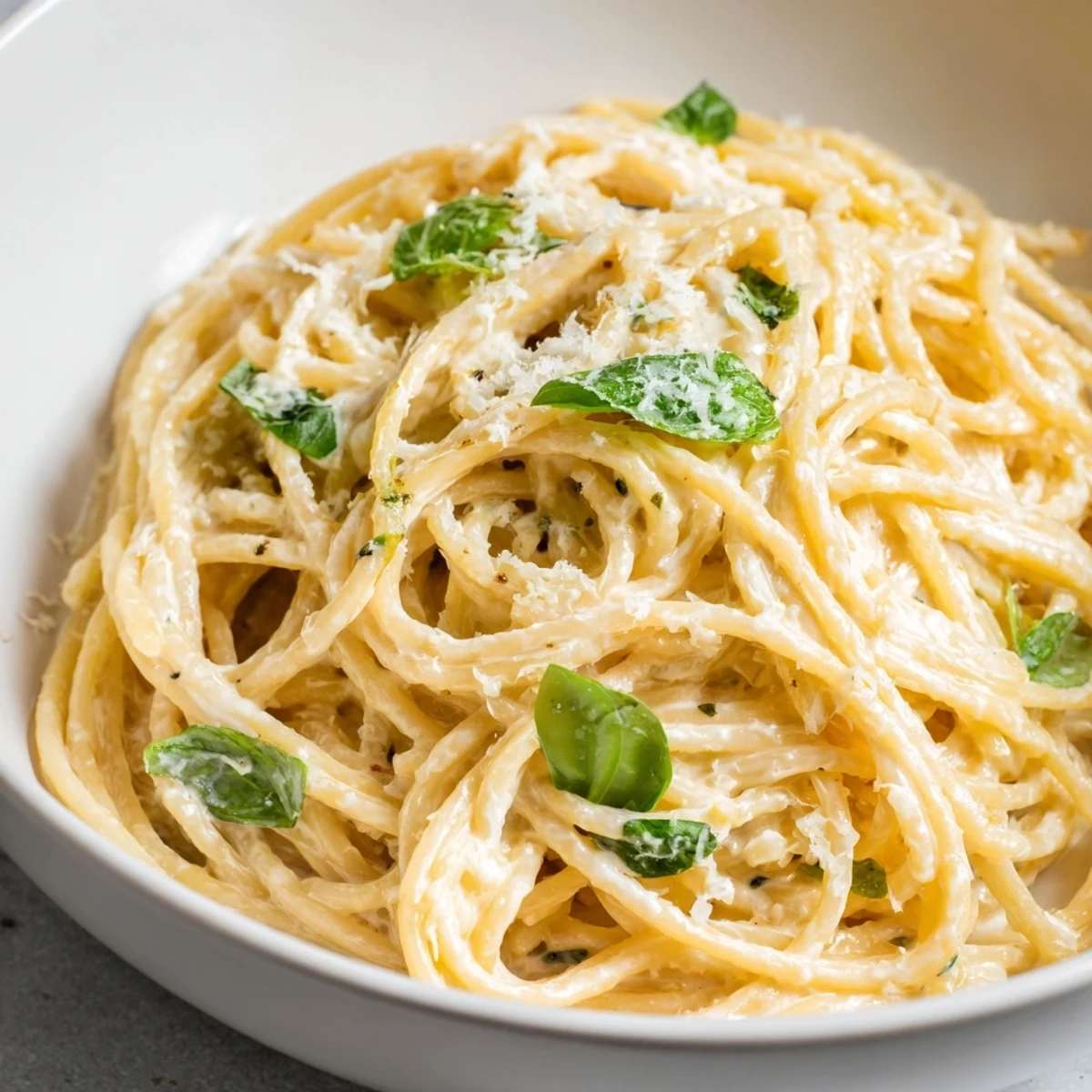 Golden Lemon Ricotta Pasta twirled on a fork, speckled with lemon zest and freshly grated Parmesan cheese.  
