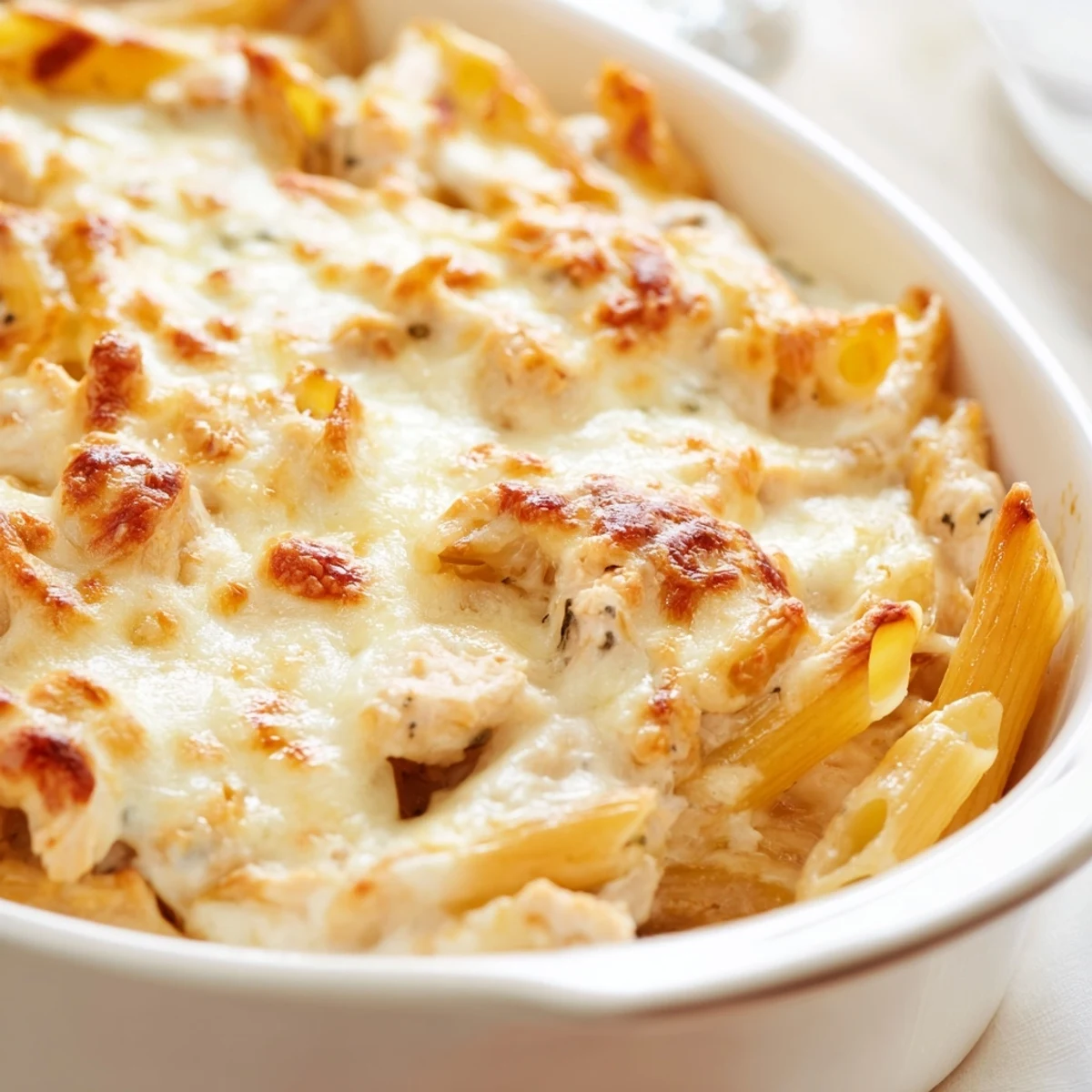 A bubbling Chicken Ranch Pasta Bake with golden mozzarella, fresh chives, and creamy sauce in a white baking dish.