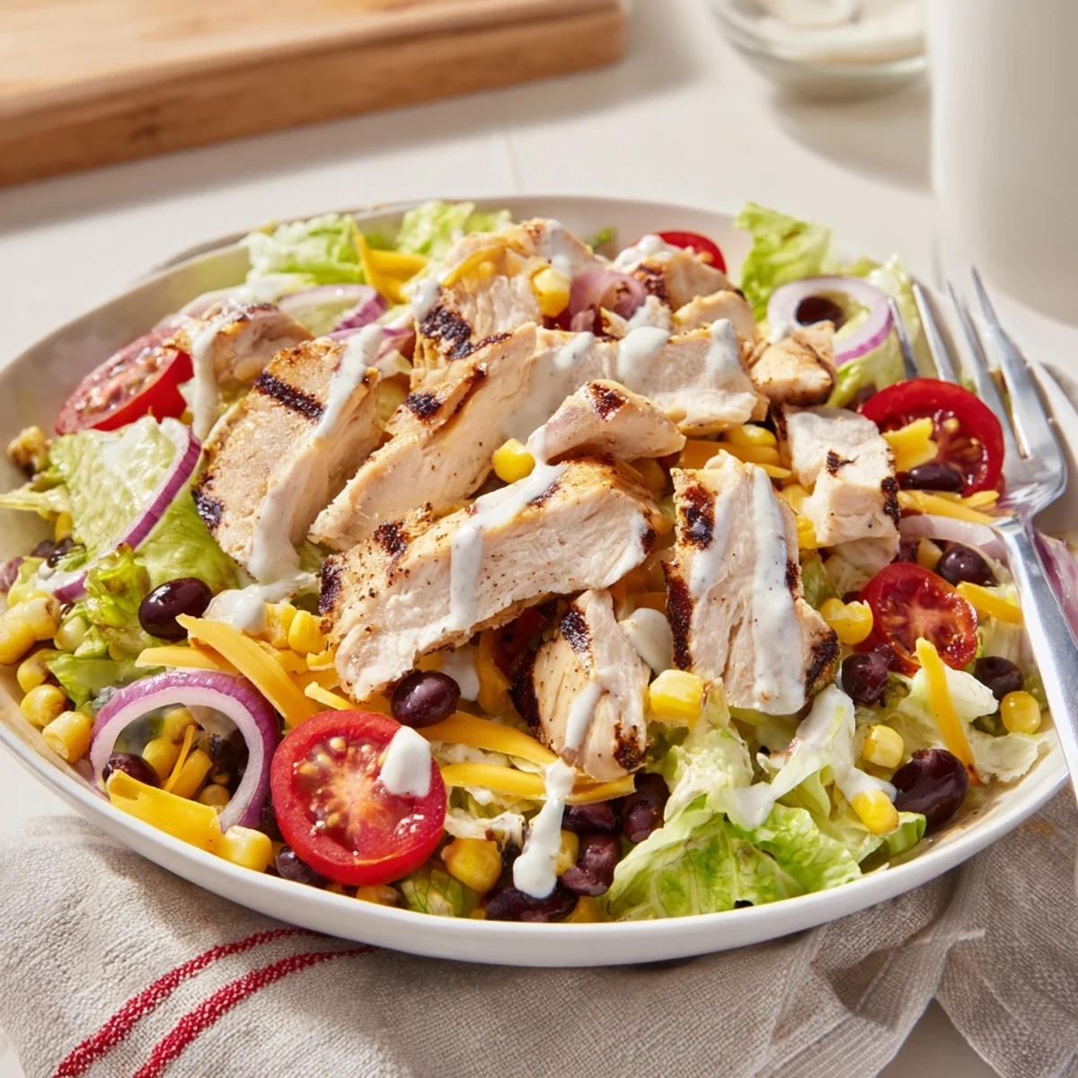 Golden grilled BBQ chicken slices rest on crisp romaine, topped with charred corn, black beans, and cherry tomatoes.