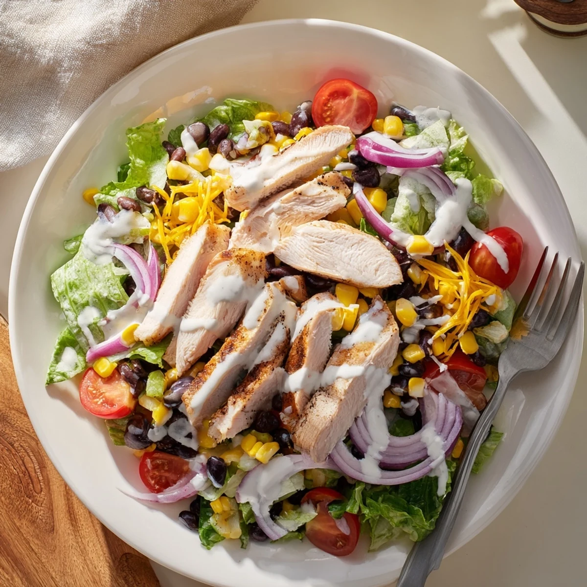 Close-up of colorful BBQ Chicken Salad with creamy avocado and cheese, highlighting fresh, summery ingredients.