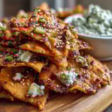 Freshly baked Spicy Chili Crisp Garlic Naan Chips piled on a plate, with a cool sesame cucumber dip garnished with sliced scallions.