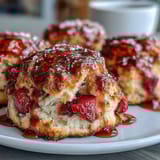 Golden scones topped with lemon glaze and fresh berries, bursting with juicy strawberries and zesty citrus flavor.  