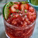 A frosty glass of light strawberry daiquiri slushie, blending fresh strawberries with lime and rum for a refreshing summer cocktail.