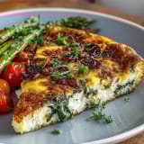 Colorful Spring Veggie Frittata with Asparagus and Goat Cheese, baked until perfectly set, topped with fresh herbs and juicy cherry tomatoes.