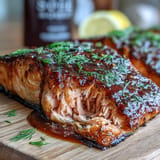 This grilled cedar plank salmon boasts a sweet-tangy glaze and smoky aroma.