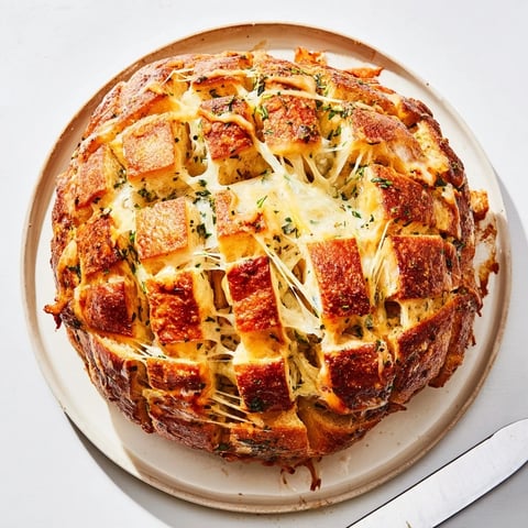 Warm Cheesy Herb and Garlic Pull-Apart Bread drizzled with melted butter and herbs.