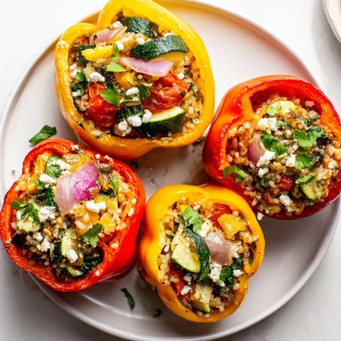 Colorful Mediterranean stuffed bell peppers overflowing with savory vegetables and feta cheese.  