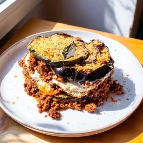 Golden, bubbly moussaka with layers of eggplant, savory beef, and creamy béchamel, fresh from the oven.