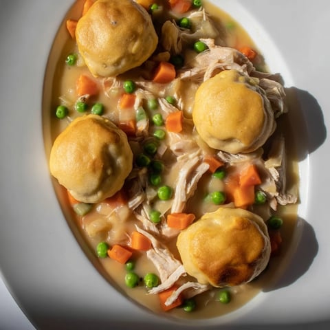 Golden-brown Chicken and Dumplings Casserole bubbling with a creamy, savory sauce, ready to serve!