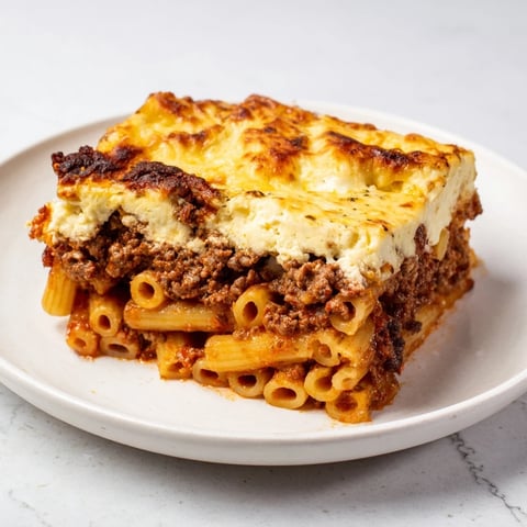 Golden-brown Greek Pastitsio, a hearty baked pasta dish with savory beef and creamy béchamel.