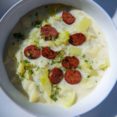 Steaming Potato, Leek & Chorizo Soup, a vibrant bowl of comforting flavors ready to be enjoyed.