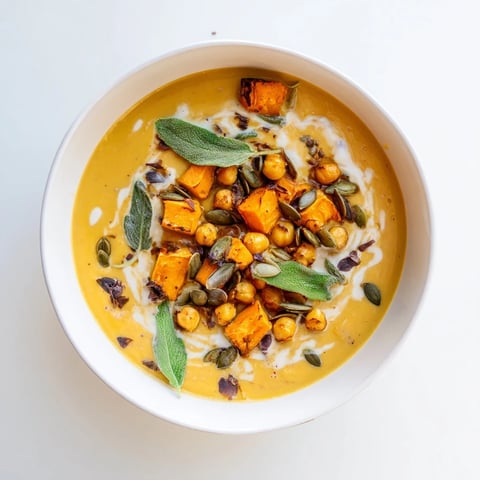 A steaming bowl of Chickpea, Pumpkin & Sage Soup: creamy, vibrant orange, ready to warm you.