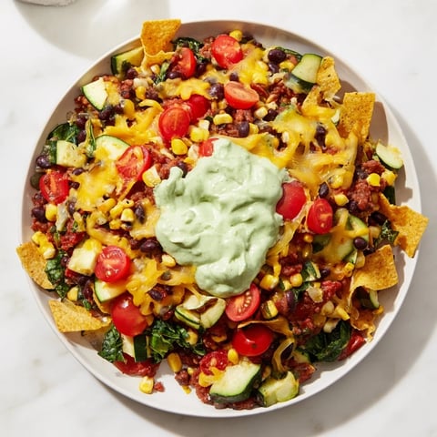 Sizzling Veggie-Packed Taco Skillet with avocado yogurt, ready to spoon and enjoy.